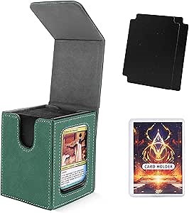 MTG Deck Box for Commander Display,Card Deck Case Fits 100 Double Sleeved Cards, Magic Commander TCG Card Leather Storage Box with 2 Dividers and 1 Toploader (Green)