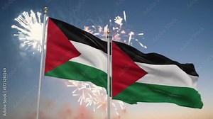 Celebrating Palestine Flags waving against a fireworks display