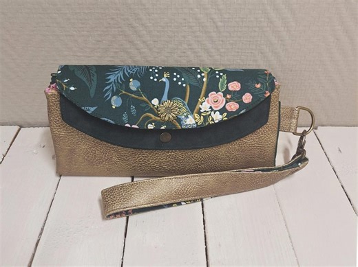 Large Elegant and Boho Women's Checkbook Wallet, Golden Bronze Faux Leather, Green Fabric With Peacocks and Flowers, Green Velvet Leather - Etsy