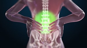 VFX Back Pain Virtual Reality Presentation Render. Animated Person Experiencing Discomfort in a Result of Spine Trauma or Arthritis. Schematic Medical Visualization.