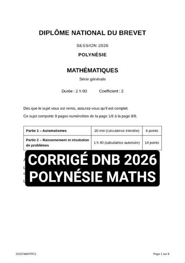 2026 DNB Polynesia General Stream Math Exam Key | Brevet Correction in Pictures
