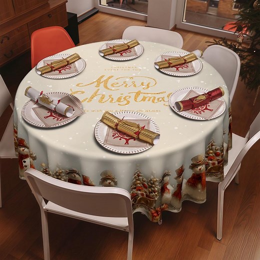 Christmas Tablecloth With Snowmen & Golden "merry Christmas": Festive Decor for Round/rectangular Tables - Etsy