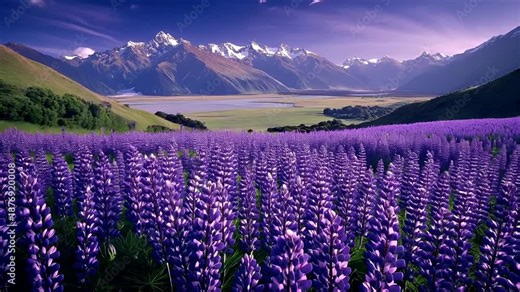 Spring booming. Life. New hope. Season. Aerial view of a vast field of purple lupine flowers under a clear sky with a mountain range in the background. The lupines are in full bloom.