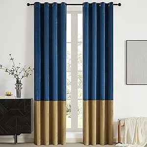 Navy Blue Gold Velvet Curtains 84 inch Color Block Luxury Elegant Modern Living Room Curtain Light Blocking Thermal Insulated Soundproof Room Darkening Energy Saving Drapes for Bedroom Set of 2