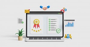 ISO certification and standardization, certification assurance guarantee concept. Quality Control. 3D laptop with 5 star quality badge and certified note. 4k 3d animation. Trim first 3 sec for loop