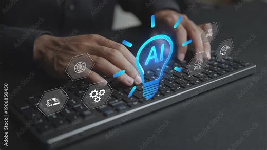 AI innovation concept. Person using computer with artificial intelligence innovation icons, machine learning, automation, data analytics and future technology.