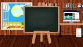 Cartoon Blackboard in a Children Classroom with a School Bus