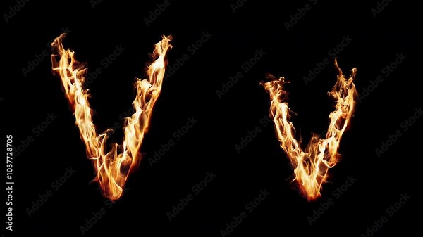 Uppercase and lowercase symbol V burning in fire. The file contains an Alpha Channel.