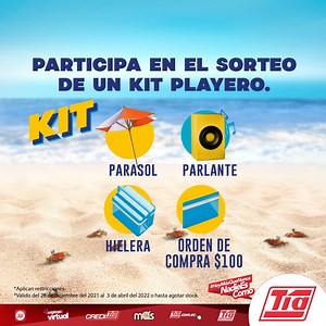 Se viene la temporada playera y por tus compras desde $5 en productos de playa participas por un KIT playero. 🌴🌊⛱ *Aplican restricciones. *Promoción valida hasta el 3 de abril. | Almacenes Tía