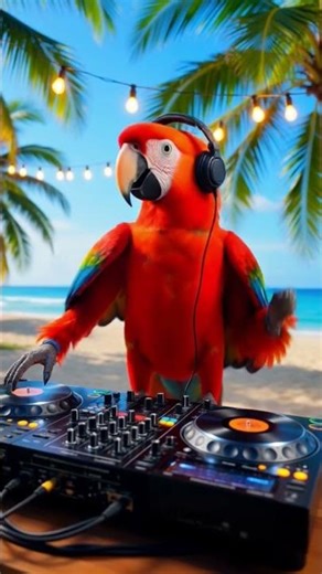 rad parrot DJ at beach party with headphone
