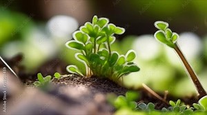 Animation of a green sprout sprouting from under the snow. Snow melts and spring comes. Close up of a sprout