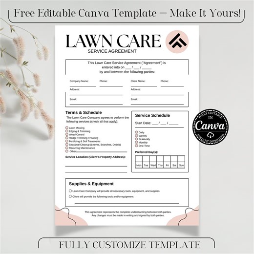 Editable Lawn Care Contract Template Canva, Landscaping Service Agreement, Mowing Contract Form, Lawn Maintenance Schedule, Digital Download - Etsy