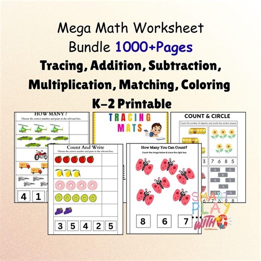 Math Worksheets Bundle K-2 | Tracing, Counting, Addition, Subtraction, Multiplication (digital Download) - Etsy