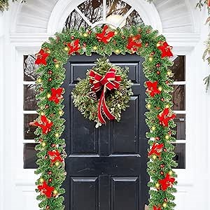 9ft Christmas Garland with Lights - Green Holiday Decorations for Home Stairs Fireplace Front, Warm White LED and Flowers