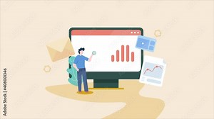 Businessman understanding market research data, business analysis, digital marketing campaign, diagram, chart, graph on computer screen. Stock footage, 4k animation.