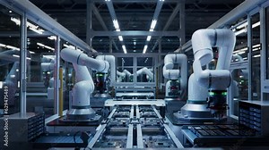 Automated PCB Assembly Line. Conveyor with Advanced High Precision Robot Arms at Electronics Manufacturing Factory. Component Installation on Circuit Board. Semiconductor Production Industry