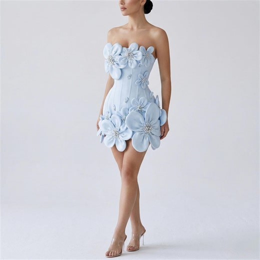Womens 3D Floral Mini Prom Dress | Blue Strapless Evening Dress | Elegant Party Dress | Flower Applique Cocktail Dress - Etsy