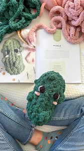 Petunia the Pickle one of my favorite patterns coming out in my book!! We are one month away from the official launch of Get Started in Finger Knitting! Comment “book” and I’ll send you the info to preorder it!! #Pickle #book #author #handknit #yarn #howto #diy #chunkyyarn #patterns #knitting | Sab's Stuffies