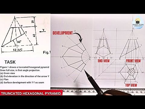 Front View, Top View And Development Of A Truncated Hexagonal Pyramid In First Angle Projection.