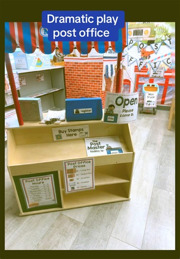 Go to your local post office and grab boxes and envelopes to set up a dramatic play post office. The kids love writing letters and delivering them to their friend’s mailbox. #prek #dramaticplay #postoffice