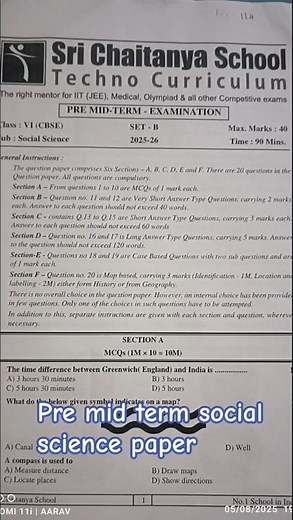 Sri Chaitanya techno school 6th social science premid exam paper #2025