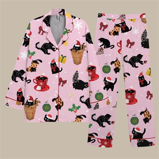 Pink Christmas Satin Pajamas • Black Cat Holiday Print - Etsy Australia