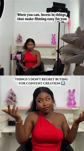 Read below ⬇️ While buying these things, remember your main purpose of buying it and create as much as you can. A good system of work can help you grow. 1.\tA different book for content scripting: where I write all my ideas. 2.\tlighting: My ring light (22 inches & led 600) 3.\tA Bluetooth shutter: to control recording & taking pictures. (My favorite little gadget) 4.\tSet up: my set up is quite simple and clean. I most times just change the props on my filming table behind me. 5.\tIPad: I recen