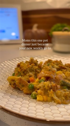 Easy recipe, One pot dinner chicken and stuffing bake INGREDIENTS 1 cup shredded chicken (cooked) 1 can cream of chicken soup 1 cup chicken broth 1 cup shredded cheddar cheese 1 cup frozen mixed veggies (peas, carrots, corn, or green beans) 1 box Stove Top stuffing mix (plus water per box directions) #onepotmeal #onepotdinner #familymealideas #familydinners #weeknightmeals | The all around mama