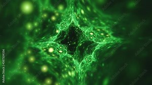 Gooey emerald green slime tunnel with blobs and balls floating, surreal abstract fractal background.