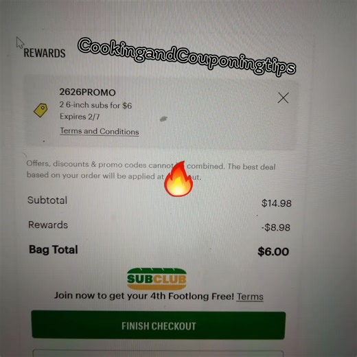 fire savings with Subway today 2 6-inches sub for $6 🔥 #couponing #promocodes
