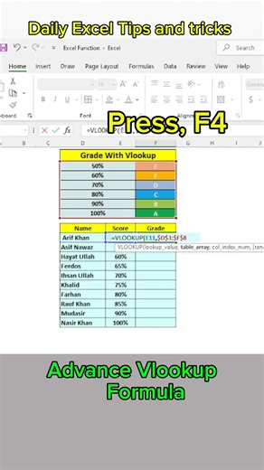 Advance VLOOKUP Formula in Excel | Find Grade Automatically 🔥 #excel #vlookupformula #exceltips
