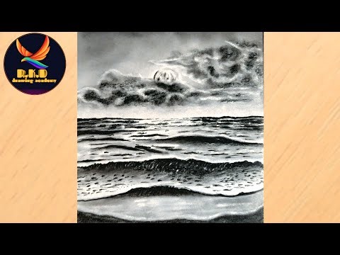 Sunset sea pencil drawing/realistic ocean pencil drawing