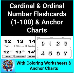 Cardinal and Ordinal Number Flashcards/Labels (1-100) & Number Coloring Sheets