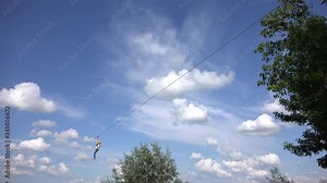 4K People Climbing in Forest, Sliding Adventure Park, Extreme Sport Flying Fox