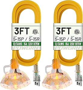 POWGRN 3 FT 2 Pack 12/3 Gauge Extension Cord with Multiple Outlets Outdoor, 3 Outlet Extension Cord Heavy Duty Yellow with Lighted, Tri-Tap Power Cable, 12AWG 15Amp 1875Watts 125Volts SJTW, ETL Listed