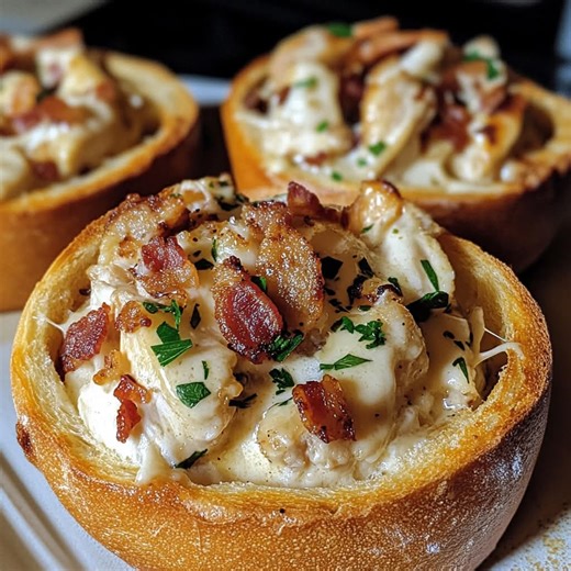 Creamy Bacon‑Chicken Alfredo in Crispy Garlic Bread Bowls Ingredients: 2 boneless, skinless chicken breasts, cut into bite‑sized pieces 4 slices bacon, chopped 2 tablespoons unsalted butter 3 cloves garlic, minced 1 cup heavy cream 1 cup whole milk 1 cup freshly grated Parmesan cheese Salt & black pepper, to taste 1/4 teaspoon nutmeg (optional) 2 large round bread rolls or small boule loaves, tops cut off and insides hollowed 1 tablespoon chopped parsley, for garnish Extra grated Parmesan, for s