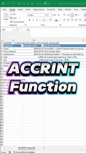 Excel A–Z in 60s: ACCRINT — Accrued Interest Explained #Excel #ACCRINT #excelshorts #AccruedInterest