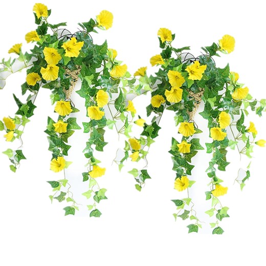 TETOU 2Pcs UV Simulation Artificial Flowers, Artificial Morning Glories, Fade Resistant Fake Hanging Flowers for Outdoors Home Porch Garden Patio Decoration - Yellow