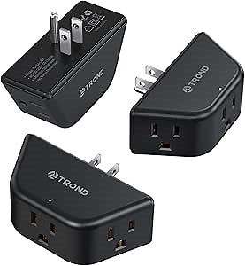 TROND Multi Plug Outlet 3 Pack - Wall Extender with 3-Prong Grounded Sockets, 3 Way Angled Outlet Adapter, Cruise Essentials, Expander for Travel, Home, Hotel, Dorm Room, Black