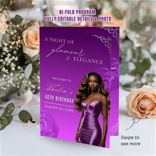 Editable Program Card Template Purple Silver Bifold Birthday Program With Photo Printable Luxury Floral Party Program Woman Retirement Decor - Etsy