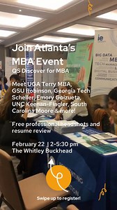 Atlanta! Meet reps from top MBA programs like UGA Terry, GSU Robinson, GA Tech Scheller & more at QS Discover from 2pm-5:30pm on Sat., Feb 22 at Whitley Buckhead. 📷 Free professional headshots. 💸 Exclusive Scholarships! 📝 Free resume review. 🔝 Set your MBA program search up for success. 👉 Sign up and attend for free! ✅✍ | QS Top MBA