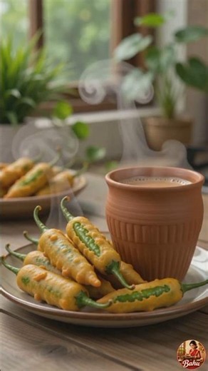☕ Crispy Green Chili Pakoda with Tea |Satisfying Cooking ASMR#masalachai#indiansnacks#youtubeshorts