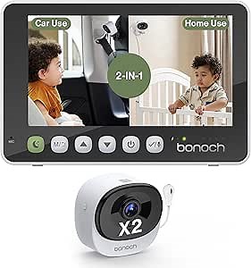 bonoch 2-in-1 Car Home Dual-Use Baby Monitor, 5" 1080P HD Clear View Wireless Monitor, 2 USB Powered Cameras for Baby, Seamless Transition Between Car & Home, 360° Rotatable, Night Vision