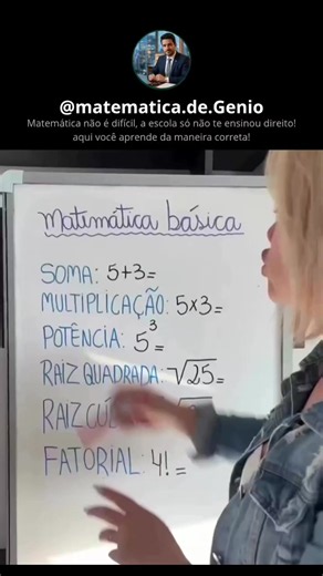 Quer aprender matemática do jeito certo? Aqui vou te ensinar da forma fácil: ​Matemática básica ​SOMA: 5 3 = 8 ​MULTIPLICAÇÃO: 5 \\times 3 = ​POTÊNCIA: 5^3 = ​RAÍZ QUADRADA: \\sqrt{25} = ​RAÍZ CÚBICA: \\sqrt[3]{8} = ​FATORIAL: 4! = ​reimatematica.facil e rei.matematica ​🧠 Você domina a Matemática básica? ​Soma, multiplicação, potenciação, raízes e fatorial formam a base para muitos conteúdos mais avançados. Entender cada operação é essencial para resolver expressões, equações e questões com mai