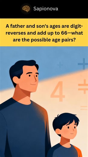 A father and son's ages are digit-reverses and add up to 66—what are the possible age pairs? Here’s a neat little age puzzle that mixes arithmetic with a dash of pattern-spotting. The puzzle: the sum of a father’s and son’s ages is 66, and the father’s age is the son’s age written backwards (for example, 51 and 15). Your job is to find every pair of whole-number ages that satisfy both conditions. Quick method: call the father’s age a two-digit number AB (which means 10·A B) and the son’s age BA 