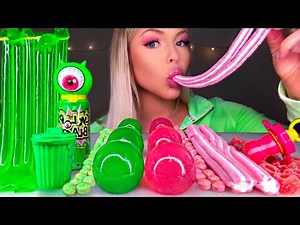 ASMR PINK FOOD VS GREEN FOOD, EDIBLE PACIFIER, JELLY NOODLES, MARSHMALLOW STICKS, CANDY MUKBANG 먹방