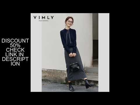 VIMLY Women's Navy Blue Skirt Suit Two Parts Office Lady Tie O-neck Knitted Top Plaid Straight Skirt