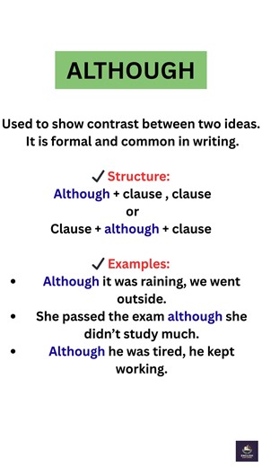29K views · 281 reactions | ✨ English Lesson: How to Use “ALTHOUGH” ✨ Learn one new English tip every day!  #EnglishLesson #Although #EnglishGrammar #LearnEnglishDaily #GrammarTips #EnglishMadeEasy #SpokenEnglish #EnglishLearning #DailyEnglish #EnglishTeacher #StudyEnglish #EnglishClass #EnglishForEveryone #EnglishExplorer #hilightseveryonefollowers | English Explorer | Facebook