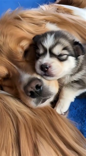 Tiny Puppy Sleeping on Mom Dog 🐶❤️ Cutest Cuddle Ever #cuteanimals #petlovers #mom #love #viralvideo