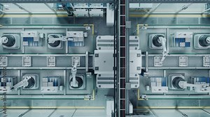 Top Down Footage of a High Tech Factory with Robotic Arms Assembling Electronic Components on a Production Line Conveyor Belt. Automation and Artificial Intelligence in a Modern Manufacturing Process